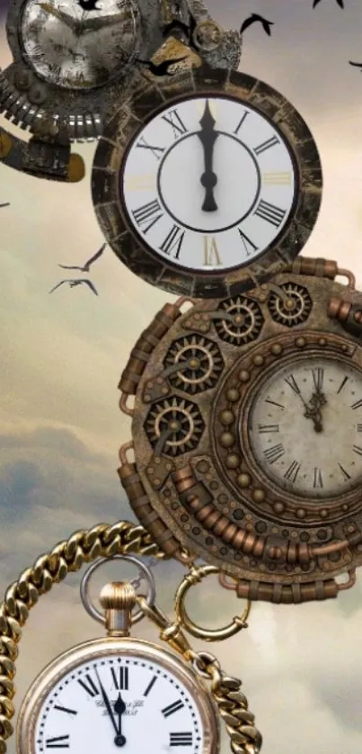 Steampunk fantasy wallpaper with vintage clocks and birds against mystical skies.