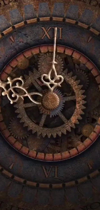 Intricate vintage clock design with gears and roman numerals on a brown background.