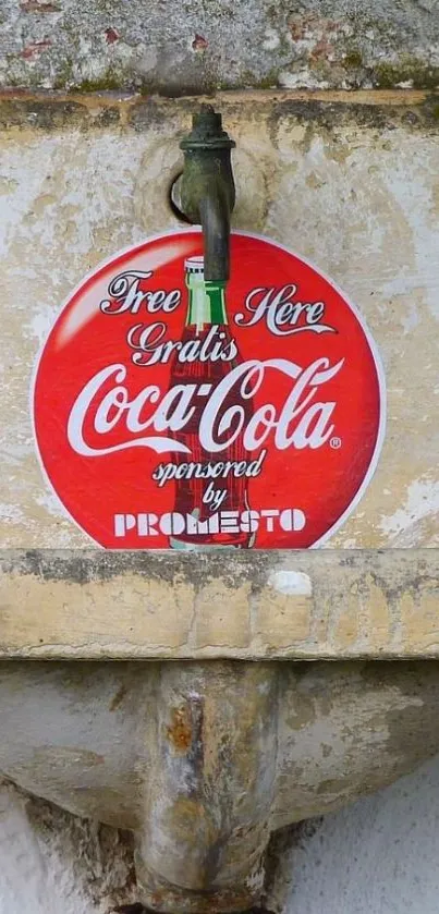 Vintage Coca-Cola sign on a rustic sink with red and white colors.