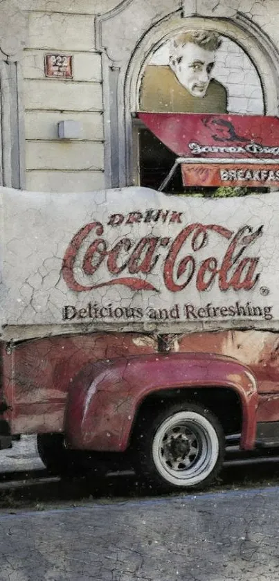 Vintage Coca-Cola truck artwork on city street.