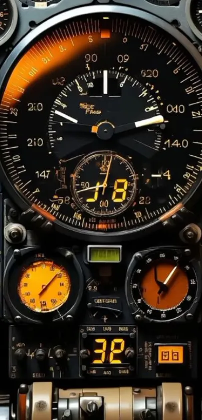 Close-up of vintage cockpit instruments with gauges and dials.