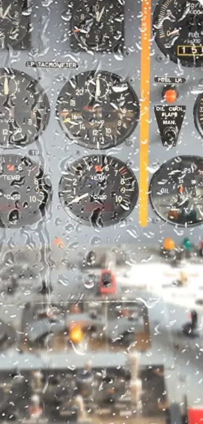Close-up of a rain-covered vintage cockpit panel.