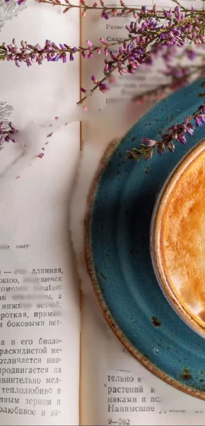 A cozy coffee cup on a blue plate over an open book with lavender sprigs.