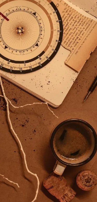 Vintage coffee-themed wallpaper with compass and earthy tones for mobile.
