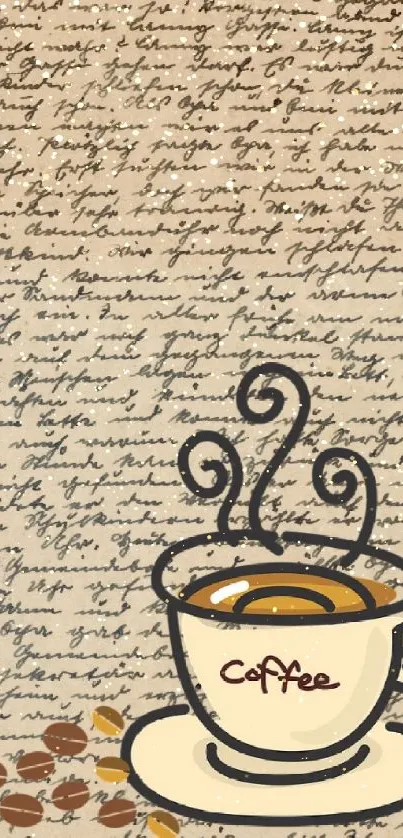 Vintage wallpaper with coffee cup and handwritten notes in beige tone.