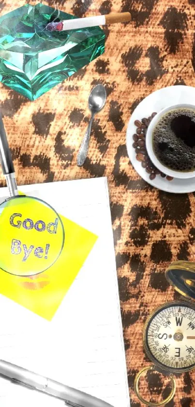 Vintage desk setup with coffee and a leopard print background.