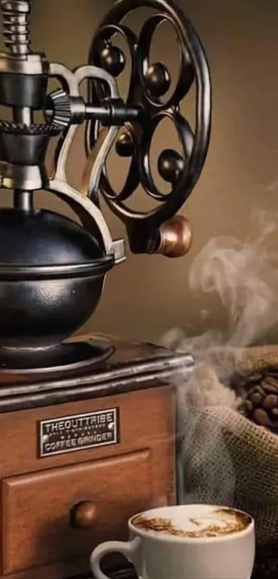 Vintage coffee grinder with steam, beans, and cappuccino.