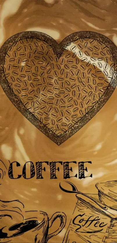 Vintage heart with coffee bean pattern on a brown background.