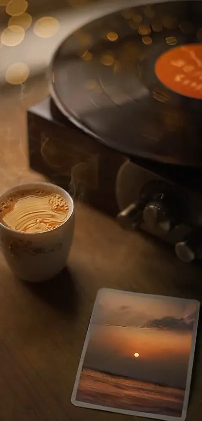 A cup of coffee beside a spinning vinyl record on a wooden table.