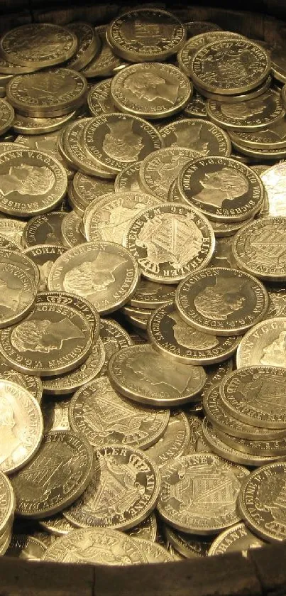 Barrel filled with vintage silver coins, creating a rustic and antique ambiance.