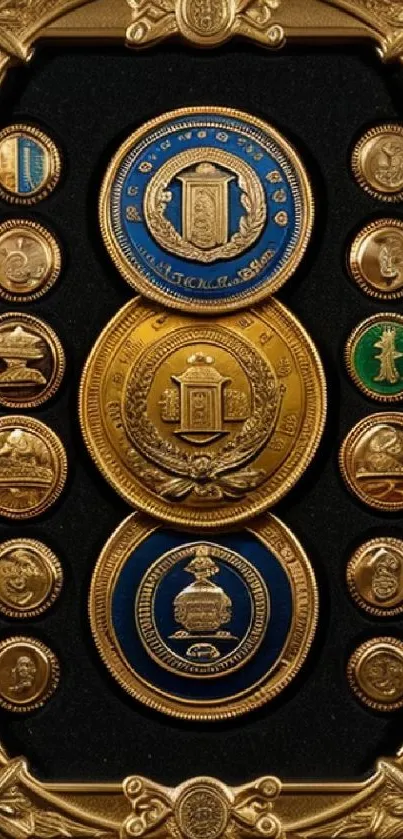 Vintage coin collection with gold and blue tones framed in artistic pattern.