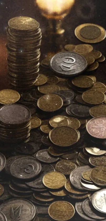 Vintage coins stacked with glowing background lamp.