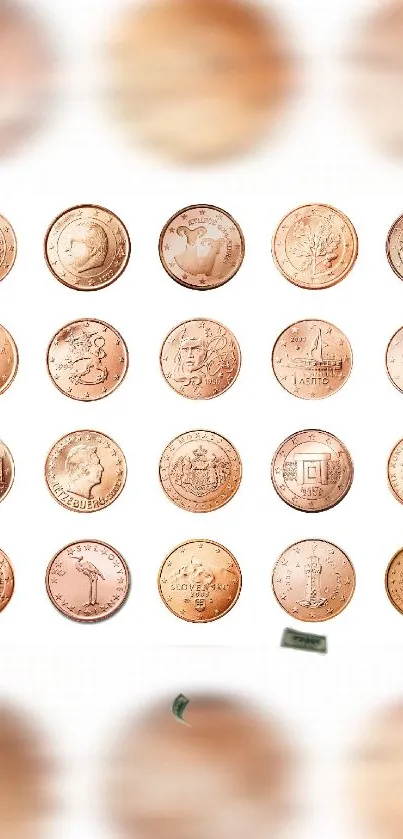 Wallpaper showcasing a collection of vintage coins on a white background.