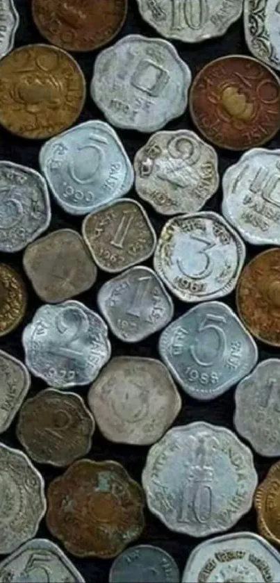 A unique wallpaper showcasing various vintage coins on a dark background.