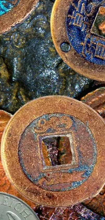 A vibrant collection of diverse antique coins with patina.