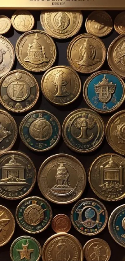 Mobile wallpaper showing an array of vintage coins with gold designs.