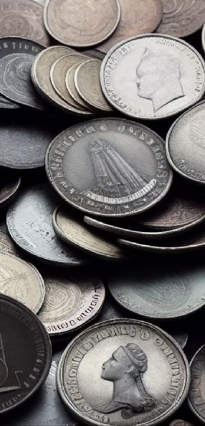 Vintage coin collection with silver and bronze tones on a mobile wallpaper.