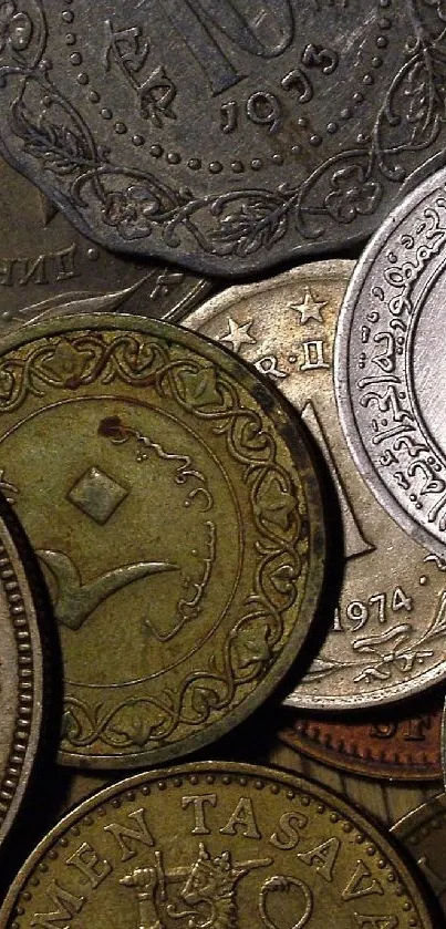 Vintage coins collection featuring intricate designs and diverse currencies.