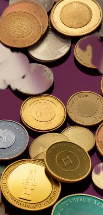 Vintage coins scattered on deep purple background.