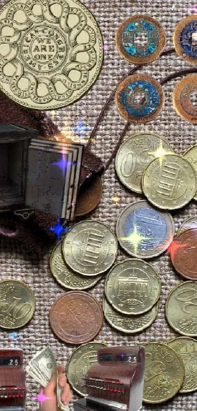 Vintage coins scattered on textured cloth with leather pouch.