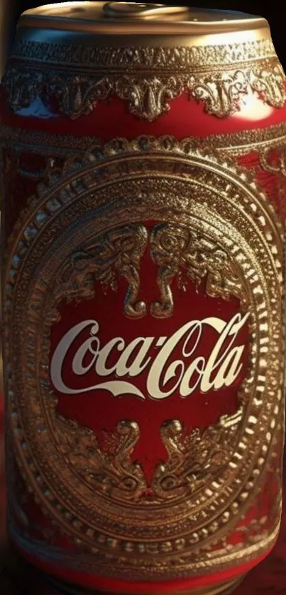 Vintage Coca-Cola can with golden details.