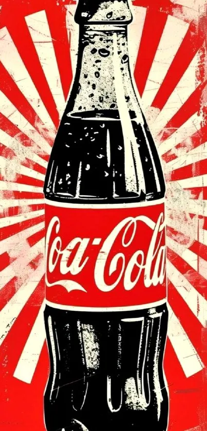 Vintage cola bottle with sunburst background on wallpaper.