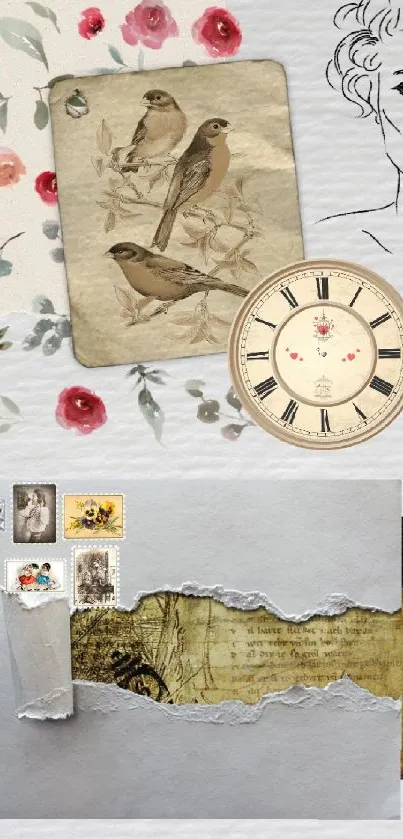 Vintage collage wallpaper with floral and bird designs.