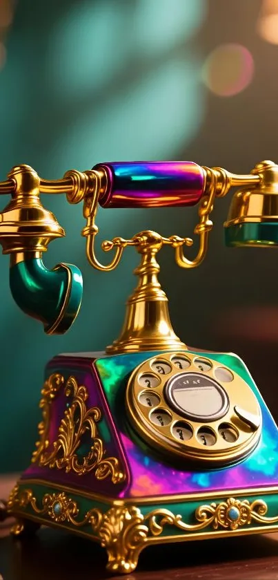 Colorful vintage rotary phone with ornate details.