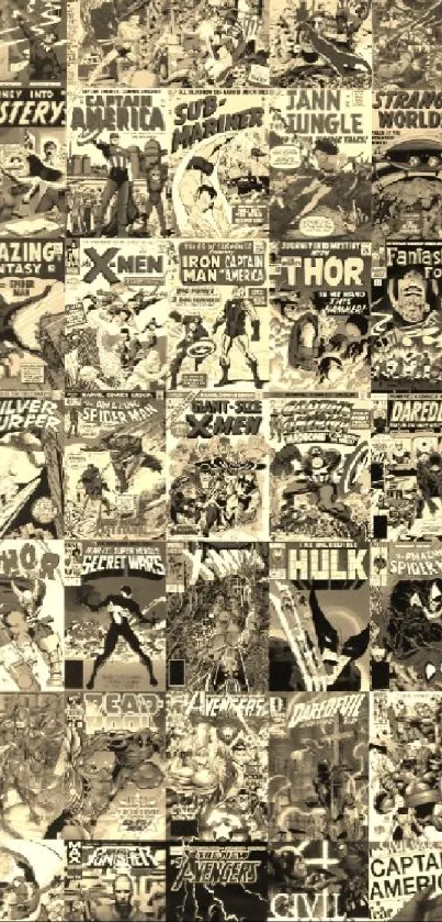 Sepia-toned vintage comic book collage with classic superheroes.