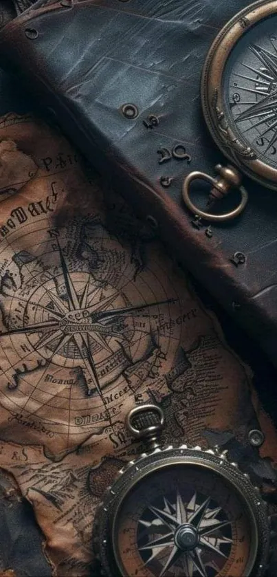 Vintage compass and map on leather background.