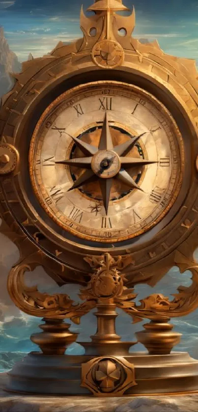 Vintage bronze clock with compass on rocky seaside.