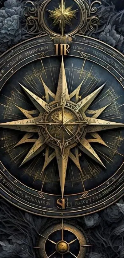 Intricate vintage compass design with ornate details on dark background.