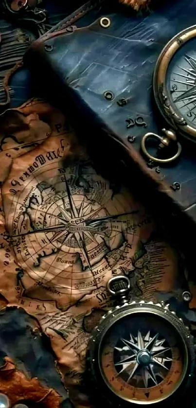 Vintage compasses on old map background wallpaper.