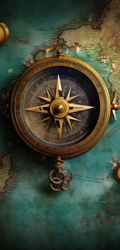 Vintage compass on old world map wallpaper.