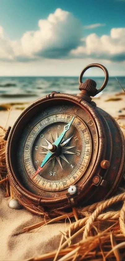 Vintage compass resting on sandy beach.