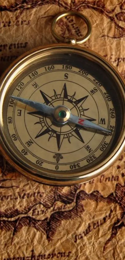 Vintage compass on an antique map wallpaper.