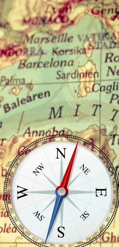 Vintage map wallpaper with a compass overlay.