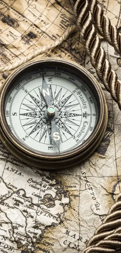 Vintage compass on an antique map background with rope.