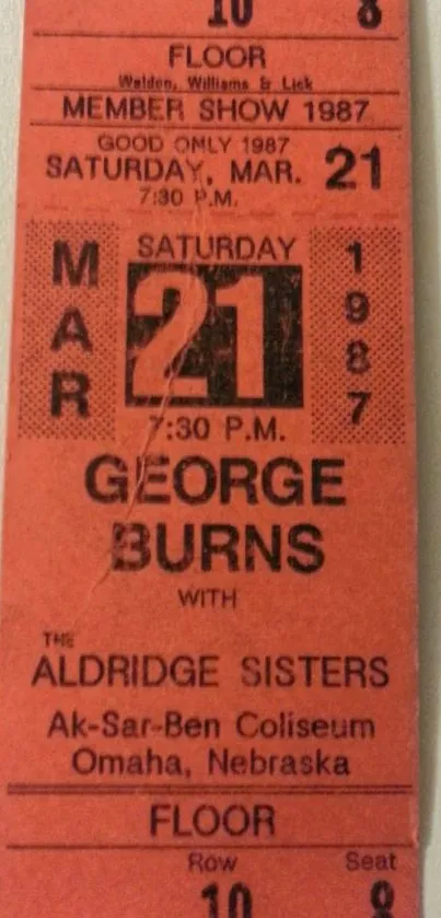 Vintage concert ticket from 1987 with red background.