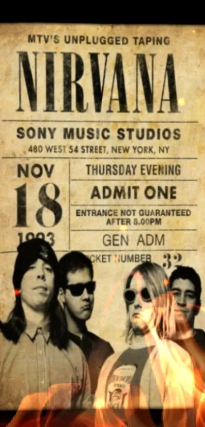 Vintage-style mobile wallpaper with concert ticket and band members.