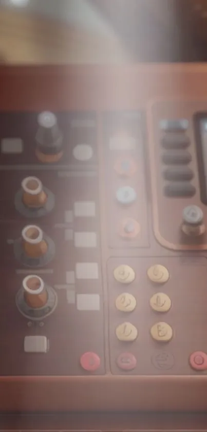 A vintage control panel with knobs and buttons in a brown tone aesthetic.