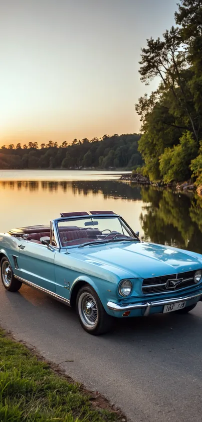 Vintage convertible parked by a serene lake at sunset.