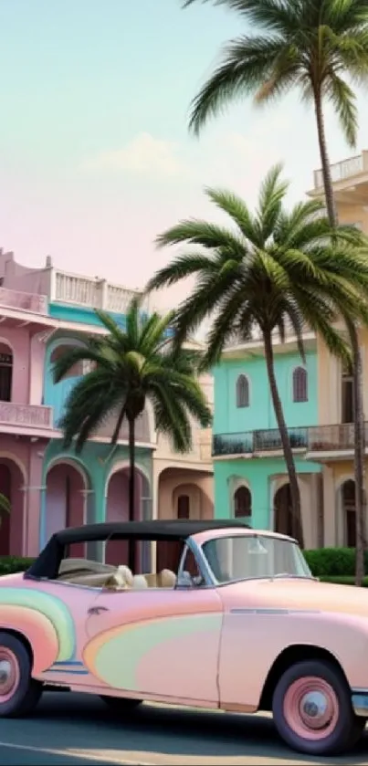 Pastel convertible on a palm-lined street with colonial buildings.