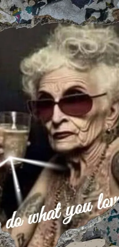 Elderly woman with drink and tattoo in vintage style.