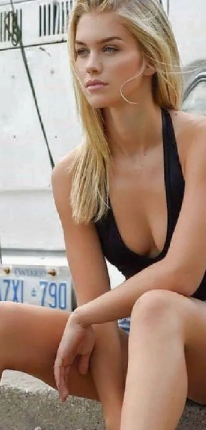 Person in front of a vintage van, showcasing cool summer fashion.