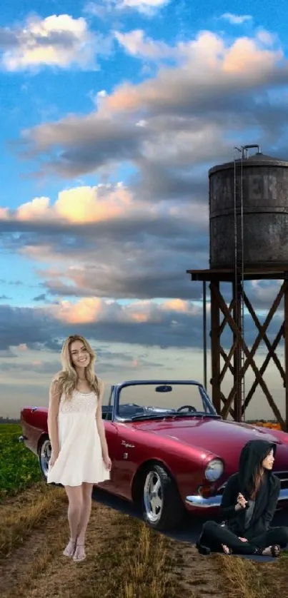 Vintage car with countryside backdrop and vibrant sky.