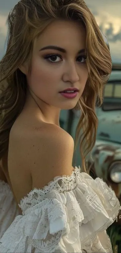 Portrait of woman in white lace dress with vintage car in countryside.