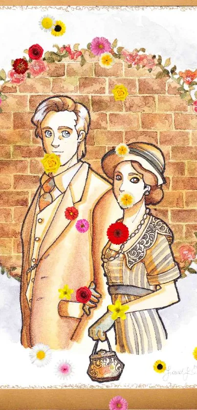 Vintage art wallpaper of a couple in period clothing with brick background and roses.