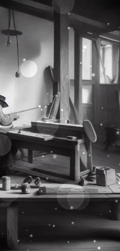 Vintage craftsman at work in a rustic workshop setting wallpaper.