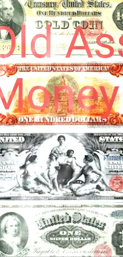 Vintage American currency collage wallpaper showcasing historic banknotes.